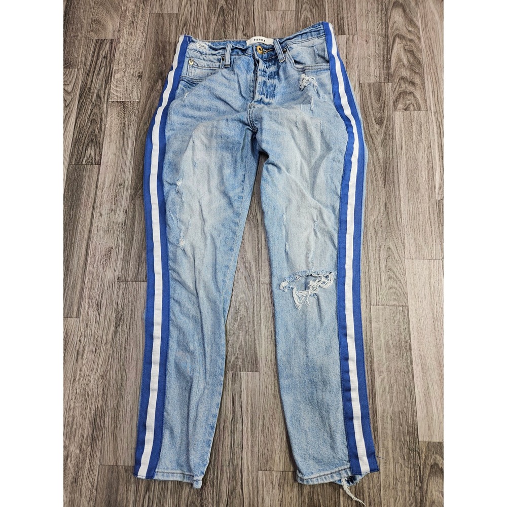 Pistola Jeans Women 26 Light Wash Blue White Side Stripe Distressed Button Fly